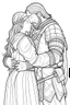 Placeholder: coloring page, minimal detail. HD. Woman hugging a male knight with a beard. No background detail.