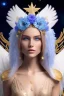 Placeholder: Flower, angel man, (detailed face )++, (detailed blue eyes)++ (long blond hair)++(pectoro visible)++(smile)++, , (two feathered wings on his shoulder blades)++, beautiful place, incredible, cosmic, colours, planet, gold, realistic, real photo, stars at night, detailed, high contrast, 8k high definition, unreal engine 5, extremely sharp details, (lighting effect, light background)++.