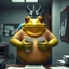 Placeholder: in front the camera be seen up to the waist a fat yellow-green color angry anthropomorphic frog in simple human cloths and take his hands many paper in office, on the wall hang an wall board with some written sheets of paper, behind in background standing an anthropomorphic strong gray rhinoceros in blue jeans t-shirt behind in halb open door , dark colors, detailed 3d, sci-fi, fantasy mood