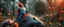Placeholder: depth of field, halo, close up on blue and red clothed gnome riding opossum squirrel with lance in garden of eden in the style of Escher and Giger