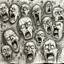 Placeholder: sketch line, rought, of faces on a pages, screaming and sad, demented, mad, journal