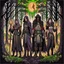 Placeholder: A group of four characters from a fictional book world. A witch, a gladiator, a thief, and an enchanter. The characters are in a dark forest. The characters are shrouded in mystery.