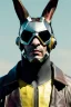 Placeholder: Medium Close Up Portrait, Front image. cyberpunk, rabbit mask, spanish man, white short hair. leather, titanium suit. Yellow, black, red, color. Mad max style. Color background, photo studio. Avatar image, highly detailed, concept art, smooth, unreal engine 5, god rays, ray tracing, RTX, lumen lighting, ultra detail, volumetric lighting, 3d, finely drawn, high definition, high resolution.