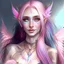 Placeholder: Elf woman, pink long hair, sharp ears, elf, blue eyes, chest tattoo, clear dress, smile, pale skin, dark eyes, feathers in the strands of hair