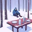 Placeholder: a sad depressed Finnish man with his empty plate, outside his house in the forest, Winter, snow, very cold, Finnish flag at half way up, Finnish flag, a bottle of Vodka in his hand, knifes and sauna, Simon Stålenhag style, empty vodka bottles on ground