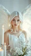 Placeholder: Pretty soft featured female guardian angel with white eyes white face with white blond hair white huge transparent wings wearing light white background with white candles and flowers all picture is in white