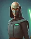 Placeholder: star wars bald male corellian jedi pilot wearing black and gunmetal grey old republic armored robes with gold trim inside the jedi temple holding a lightsaber with viridian green blade in left hand, centered head and shoulders portrait, hyperdetailed, dynamic lighting, hyperdetailed background, 8k resolution, volumetric lighting, light skin, fully symmetric details