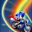 Placeholder: Sonic the hedgehog riding a motorcycle across a rainbow