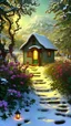 Placeholder: a scenic view of a beautiful Christmas angel, cottage in an orchard, sparkle, Christmas ornaments, snowman, decorated Christmas tree, colorful flowers blooming, Van Gogh Style, full frame, fantasy landscape, forest background, bright background landscape, ornate, intricate, complex, highly detailed, digital painting, smooth, art by tom bagshaw, akihiko yoshida, highly detailed, realistic, photorealistic 8k, cinematic lighting, hd, trending on art station, trending on Pinterest,