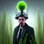 Placeholder: portrait of mad scientist in coat, metal mad hat ,cell towers overgrown with plants, autmn, mist,sparks flying, spotlights, spray paint art, book illustration, 4k, high detail