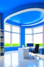 Placeholder: The office desks room is hung on the walls in an oval shape, the color of the walls is blue, the floor is white, and the shape of the offices is curved