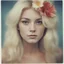 Placeholder: 1970s Polaroid head shot of a stunning young platinum straight haired woman,with freckles on her face, hair adorned with big flowers, red cheeks and nose