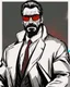 Placeholder: a young man with big muscles who looks like hans gruber wearing a heavy coat and red sunglasses staring with an irritated look on his face