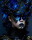 Placeholder: Beautiful vantawhite young faced girl adorned with glittering black colour bioluminescense blue gradient and black roses full bloomed rose blosooms voidcore shamanism headdress wearing metallic voidcore filigree black glittering botanical embossed costume armour bioluminescence blue gold and black wearing baroque style organic bio spinal ribbed detail of voudore decadent vantablack rainy gothica background extremely detailed hyperrealistic maximálist concept portrait art