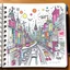 Placeholder: rich color pencil hand doodle sketch on a spiral binder notebook page, chaotic psychedelic city scene with monorails and flying cars, in the style of Don Hertzfeldt and Alexander Jansson, incredible busy doodle world