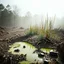 Placeholder: A striking quality Kodak photograph captures a wasteland with liquid and a group of plants, creepy, details of the dust very accentuated, glossy organic mass, adorned with minerals and rocks. Bathed in intense light, eerie, Max Ernst style, odd sun, fog