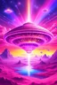 Placeholder: vaisseau interdimensionnel de couleur rose, grands rayonnements, dans un cosmos rose et jeu très étoilé d'or, 8K,ufo rainbow