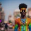 Placeholder: full body shot, masterpiece, best quality, man of median age, black skinned, sparkling eyes, fluorescent skin, colorful makeup, afro, highly detailed body, afrofuturism, scifi, sun light, 4K, RAW, depth of field, high contrast, realistic details, 24mm