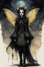 Placeholder: Jean-Baptiste Monge style 19th century hand drawn full body portrait dark gothic fantasy illustration of a walking hybrid Comet moth goth girl, with highly detailed facial features with large sad eyes, drawings, 8k, vibrant natural colors, otherworldly and fantastic