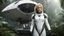 Placeholder: A photorealistic image of an adventurous, slender, 50-year-old woman from the future, dressed in a fitted, full-body spacesuit, stands proudly beside her huge, wide, sleek, wingless cargo starship. Her uncombed, blond hair has bangs. She is standing on a metal box in a jungle clearing.