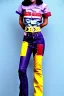 Placeholder: Photograph of a woman. Low waist jeans! bright blue jean,baggy, 1996!Huge plant prints on denim,terracotta,cream,purple,lilac. Cream colored latex parts. imperial yellow, red plum stripes, only on the top half of t-shirt. European daft punk woman. Mantle is sewed of recycled Denim and sewed together of recycled polymer felt. lace, Yellow(Munsell) areas. hint of orange as effect color!!Big bright purple/khaki felt tippet and cream or blue or lilac colored-hood. mantle is merged with cobalt bole