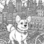 Placeholder: coloring pages for adults, Corgi, Quirky, In the style of Bravest Warriors, Urban city background, Excited Mood, Fine Lines, Low Detail, --ar 9:16