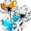 Placeholder: Clip art of two Sketched flowers with black ink and filled with abstract watercolor, background mostly white, like a canvas.