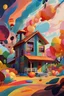 Placeholder: A colorful dream home, trees, balloons, a little boy, a little dog , cartoon style