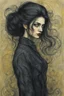 Placeholder: create full body oil pastel of a dark haired, savage, gothpunk vampire girl with highly detailed , sharply defined hair and facial features set against a swirling chaotic background, in the style of ODILON REDON and JEAN-FRANCOIS MILLET