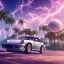 Placeholder: 1980's aesthetic vaporwave palm trees and spheres and Porsche with lightning