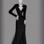 Placeholder: Fashion sketch of dress, black dress with black long sleeves, white collar, lace and silk, modern, conceptual design