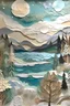 Placeholder: Papier Mache, paper layers, muted color, a magical winter landscape with a lakeshore