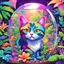 Placeholder: cat in a terrarium jungle in Lisa Frank art style