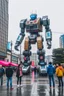 Placeholder: little people looking at huge dancin giant robot of vitalik buterin at tokyo shibuya crossroads in the rain