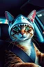 Placeholder: cat with shark mask hat solana driving lamo japanese style in the style of warhol