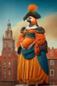 Placeholder: Pregnant Half parrot half human in a old 1700s orange Dutch uniform in front of a Dutch city