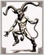 Placeholder: A horned satyr on full-length hind legs, legs in gray wool, jumps and smiles, sends an air kiss