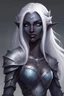 Placeholder: female drow from dungeon and dragons that resembles a dark elf but has obsidian skin tone with very light blue eyes and stark, long stark white hair decorated with metal accessories, with a kind face, and slender face, young, innocent, with small lips and small nose, beautiful, with a smile, beautiful, young, calm, sweet, bard, accessories in hair, realistic, happy, bard,