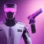 Placeholder: handsome, cute man, handsome man in futuristic suits, black and white highlight hair color, pink and purple background, pink lighting, deep purple backlighting, gun, smoke, robot suits