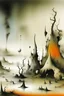 Placeholder: Yves Tanguy, melting steel, decalcomania, rock formations and forms of animals, plants, a primordial-like world, part vegetation, part rock, spooky