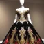 Placeholder: stunning extrem opulent haute couture gown designed by Marchesa inspired by fairies, realistic epic elegant fantasy color mix of black and gold and dark red,decorated with precious stones, detailed, high quality, intricate, fantasyland background,