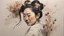 Placeholder: acrylic and line painting of a portrait a beautiful japanese lady mid-turn, bebd back,, slightly smiling, hair in bun, background adorned with dried flowers, dim lit.,chans