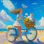 Placeholder: A girl is riding a bicycle on the beach. His cat is sitting in the front basket of the bicycle. Spring flowers can be seen everywhere. Beautiful blue sky with white clouds - kites in the sky. sense of peace. digital art, oil painting, 8k, full details, colorful, high resolution