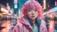 Placeholder: 8k photo portrait of a stunning woman with pink hair in a pastel raincoat, looking at the camera, at a bustling crosswalk at night, wet reflections, Highly Detailed, studio ghibli, akira toriyama, james gilleard, genshin impact, trending pixiv fanbox, acrylic palette knife, 4k, vibrant colors