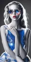 Placeholder: An elegant face of Scarlett Leithold intense red lips with sky glasses backlit blue and red light