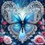 Placeholder: Beautiful filigree lacey butterfly, winter wonderland background, triple frosted heart with bi colored roses, glitter, glowing, transparent, sparklecore, Thomas Kinkade, realistic painting, 8K