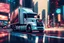 Placeholder: cinematic view, 8k, high resolution, stylized, monochromatic, vectorial, oil painting, art of a hino profia truck running in a futuristic road, lights, blurred background, neon, bokeh effect, surrealistic, forced perspective