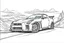 Placeholder: Nissan GT R35 in the middle of the highway around the hill. Outline, sketch style, only use outline, mandala style, clean line art, white background, no shadows, no clear wall, coloring page, vector style.