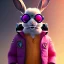 Placeholder: pixar style anamorphic cute rabbit baby, smiling, cyberpunk sunglass, gangsta gold neckless, full body, magenta puffer jacket, manila city backdrop, dramatic lighting, hyper realistic, unreal engine 5, 16k