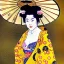 Placeholder: Retrato de cuerpo entero una Geisha Bella voluptuosa con kimono con el estilo de Gustav Klimt